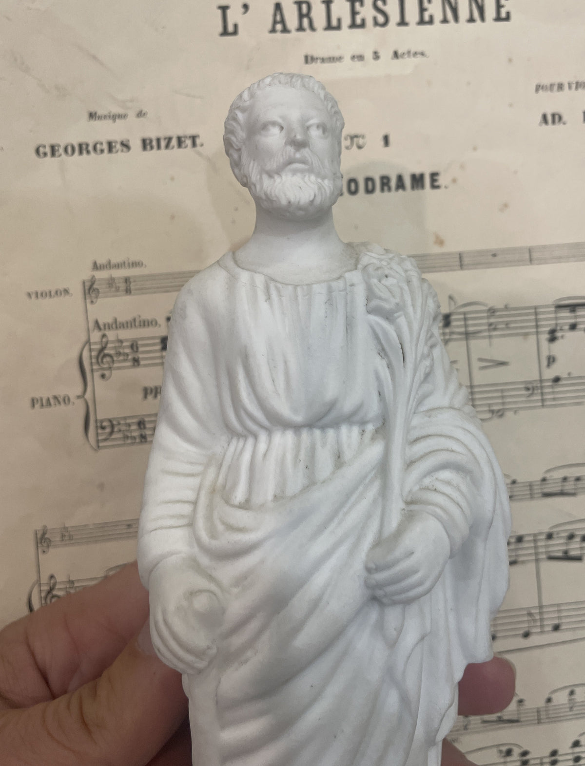 Rare Antique French St Joseph Biscuit Porcelain Statue Lily Axe c1920