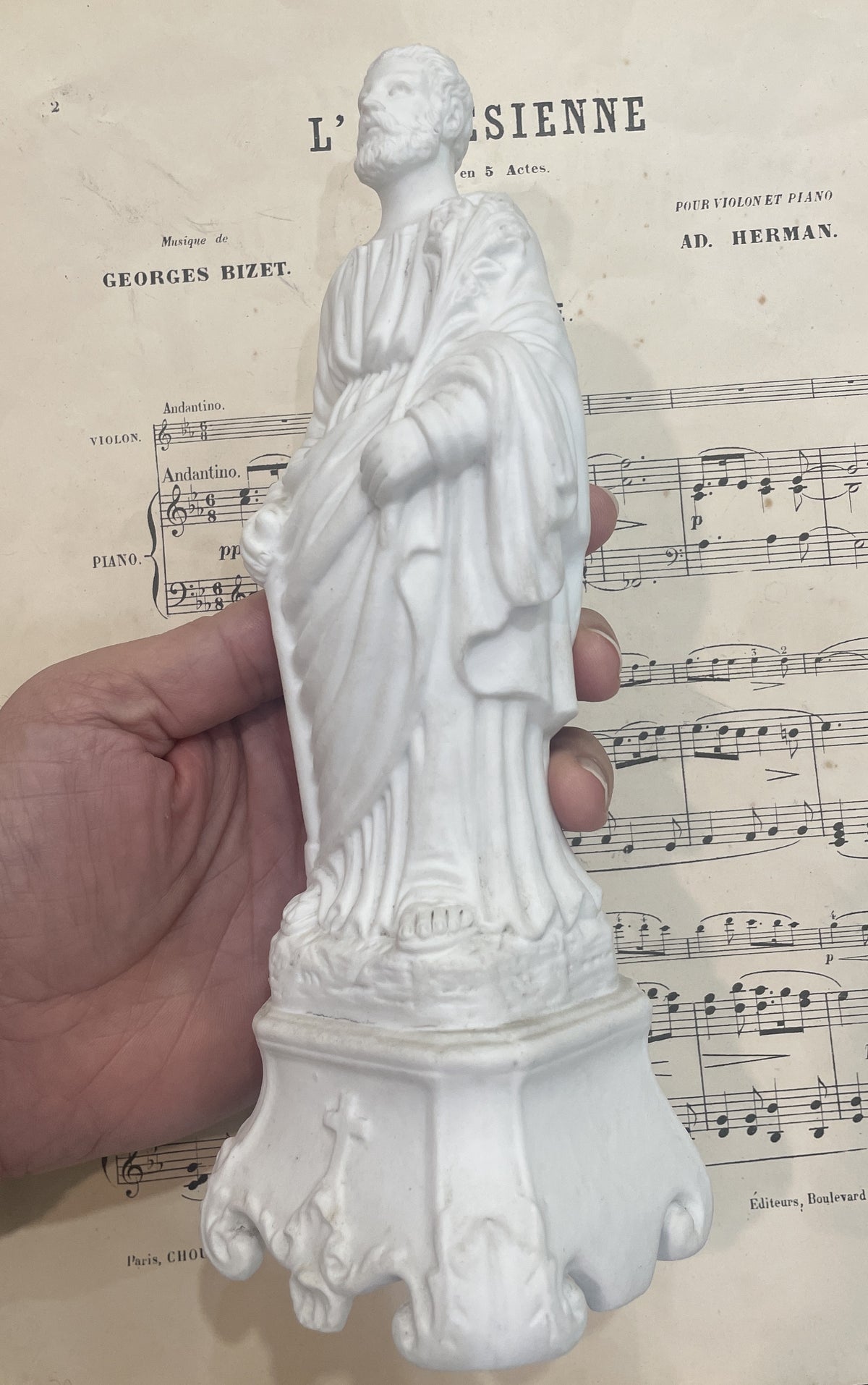 Rare Antique French St Joseph Biscuit Porcelain Statue Lily Axe c1920