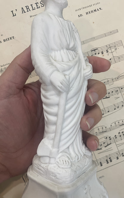 Rare Antique French St Joseph Biscuit Porcelain Statue Lily Axe c1920