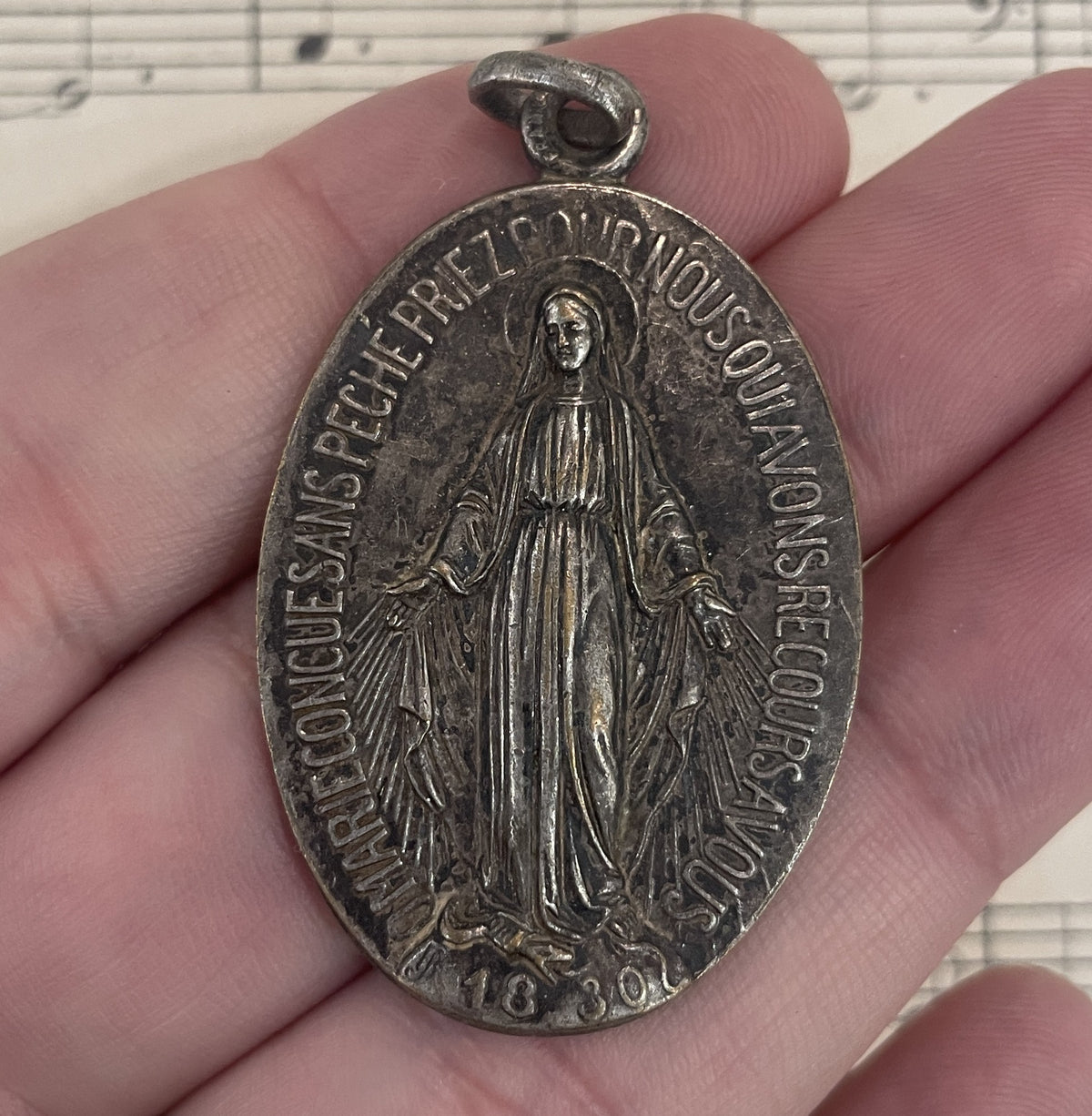 Large Antique French Religious Medal Pendant Miraculous Madonna c1900