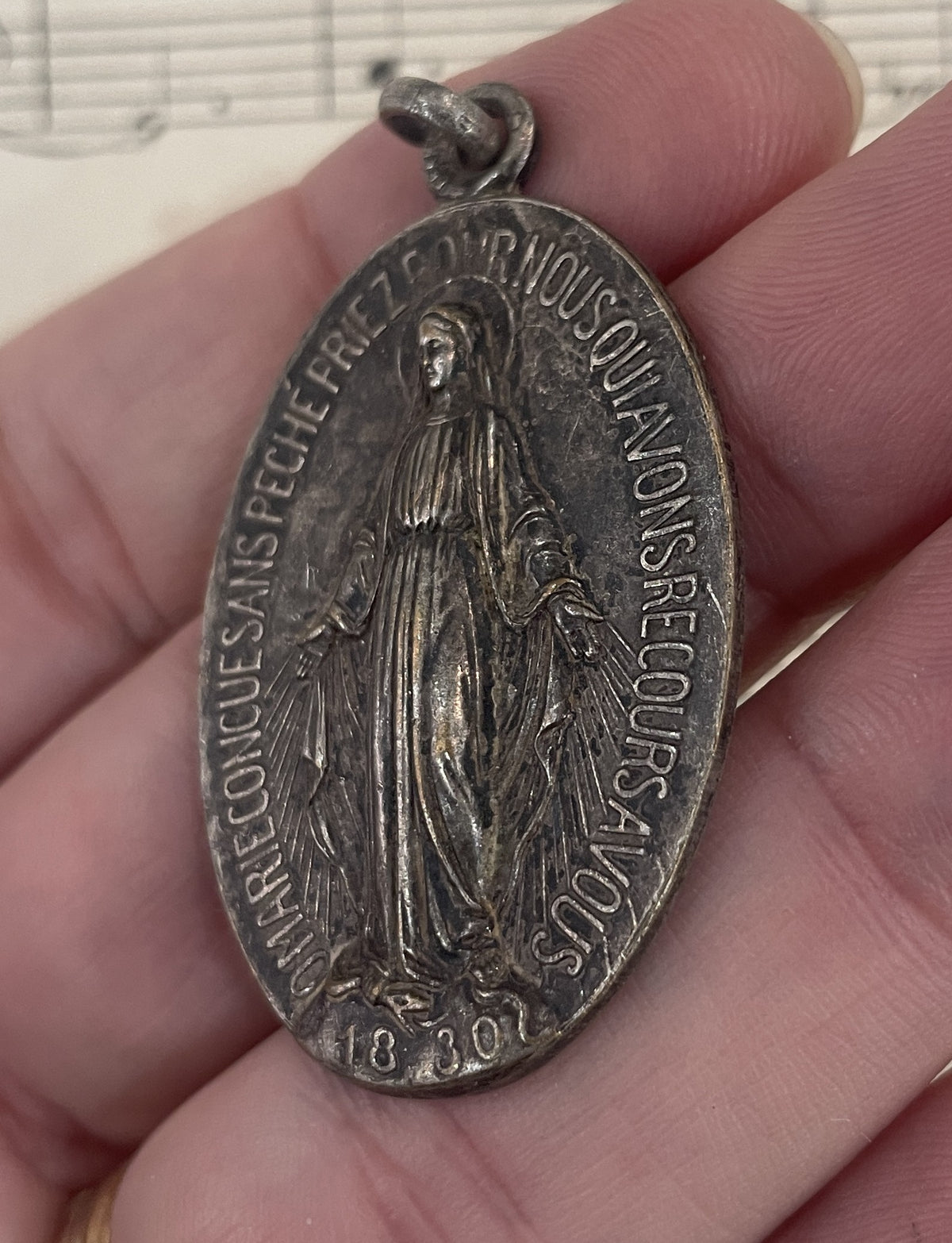 Large Antique French Religious Medal Pendant Miraculous Madonna c1900