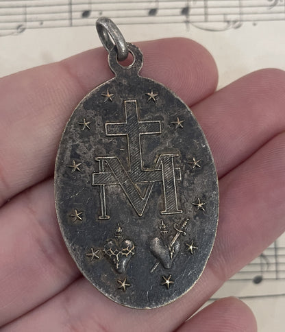 Large Antique French Religious Medal Pendant Miraculous Madonna c1900