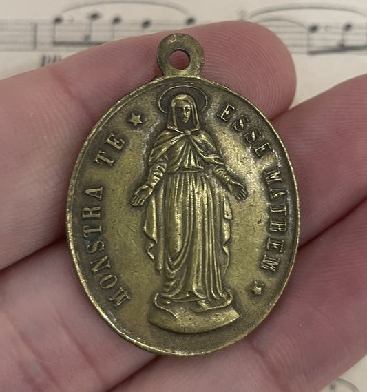 Large Antique French Religious Medal Pendant Miraculous Madonna  c1900