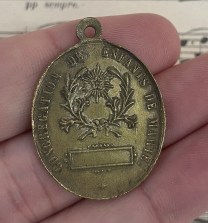 Large Antique French Religious Medal Pendant Miraculous Madonna  c1900