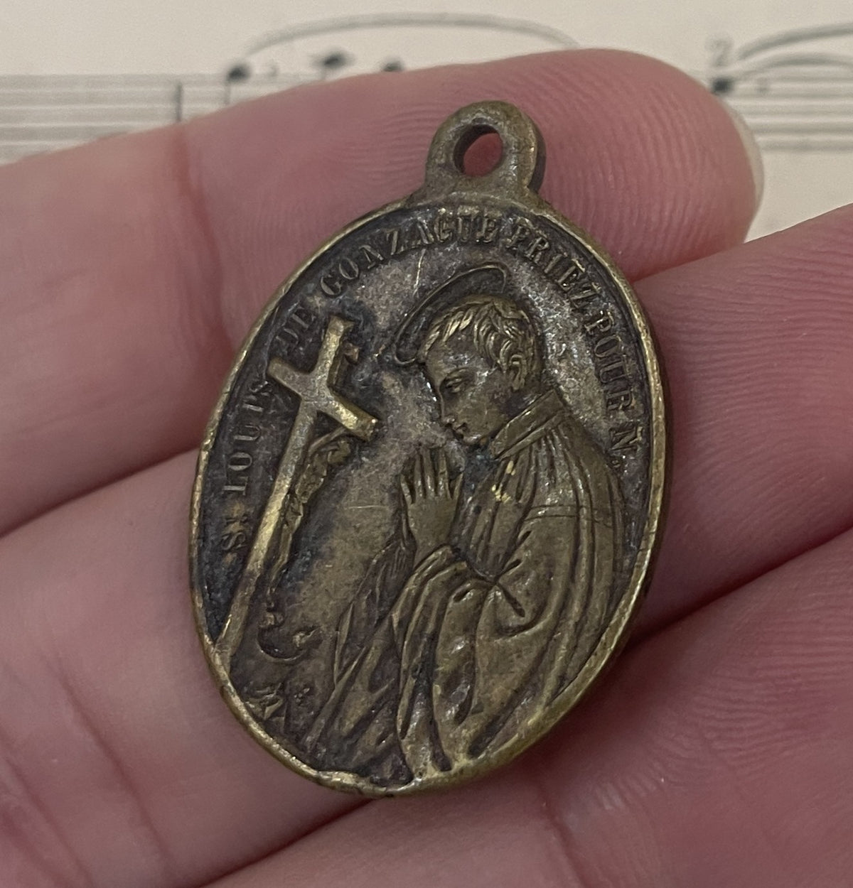 Antique French Religious Medal Pendant Aloysius Gonzaga c1900