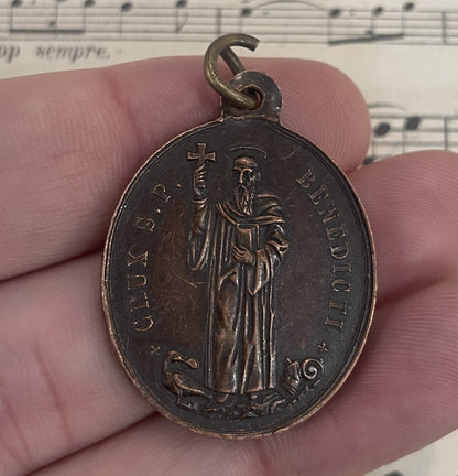 Large Antique French Religious Medal Pendant St Benedict c1900