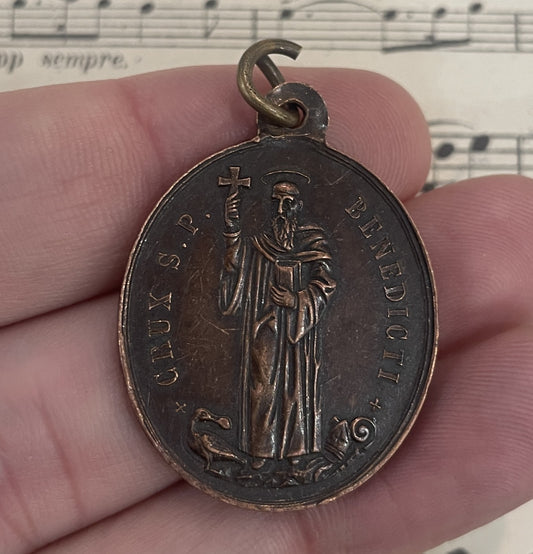 Large Antique French Religious Medal Pendant St Benedict c1900