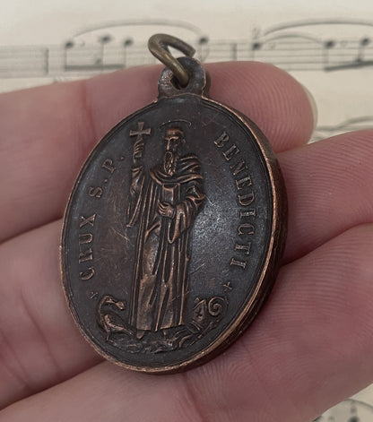 Large Antique French Religious Medal Pendant St Benedict c1900