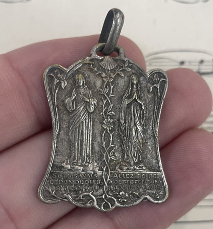 Large Antique French Religious Medal Pendant Jesus Mary c1920
