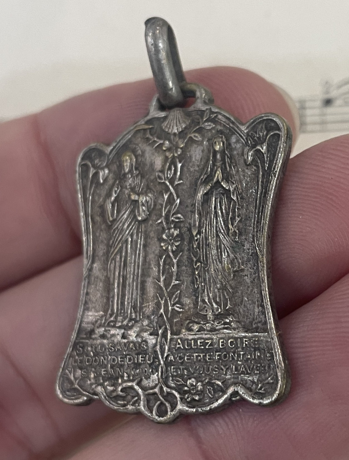 Large Antique French Religious Medal Pendant Jesus Mary c1920