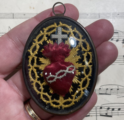 Rare Small Antique French Reliquary / Ex Voto Sacred Heart Domed Glass  c1880