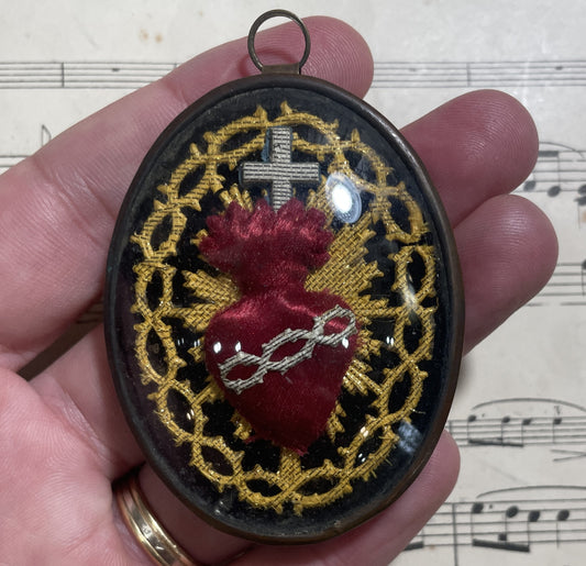 Rare Small Antique French Reliquary / Ex Voto Sacred Heart Domed Glass  c1880