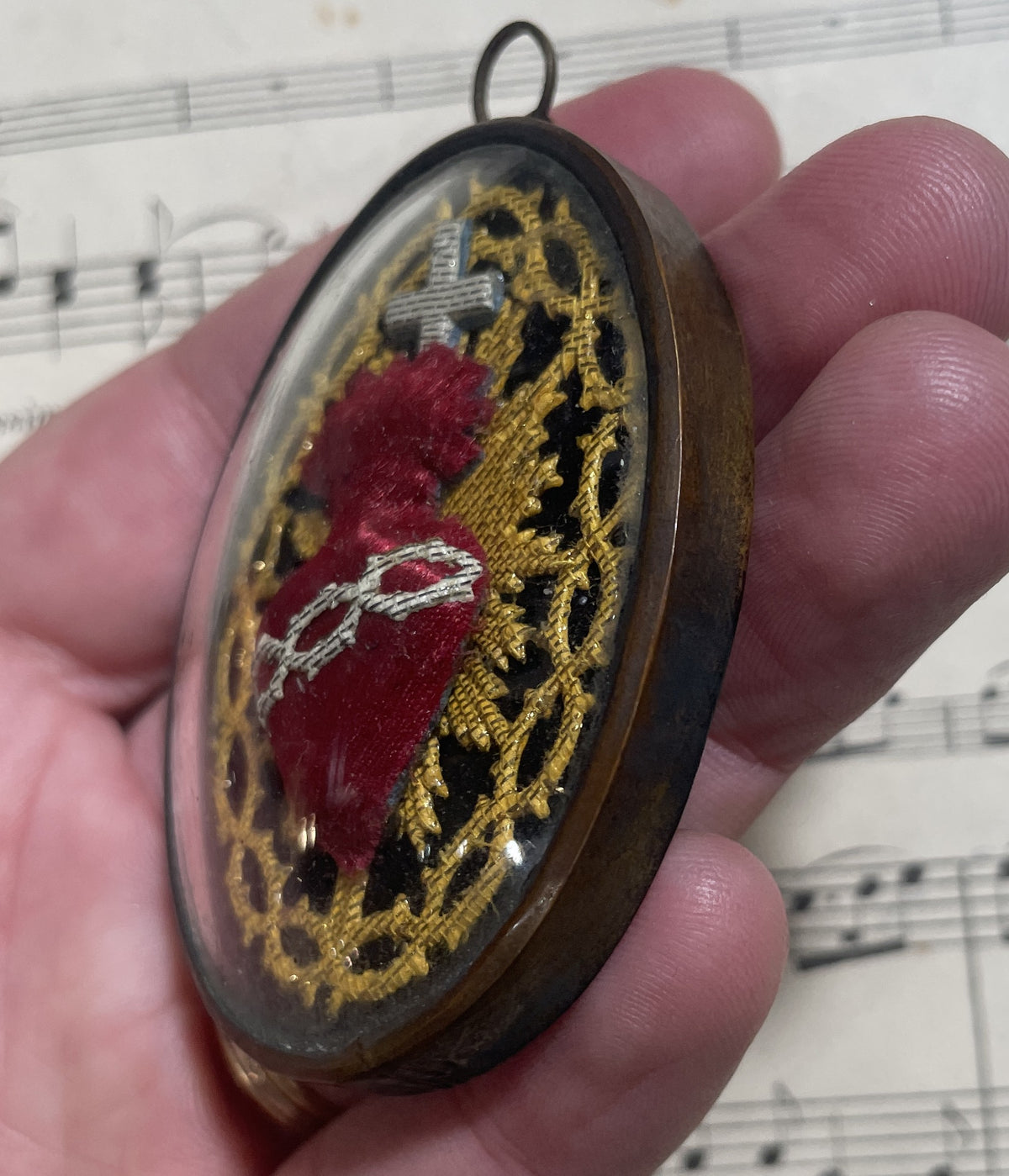 Rare Small Antique French Reliquary / Ex Voto Sacred Heart Domed Glass  c1880