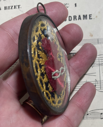 Rare Small Antique French Reliquary / Ex Voto Sacred Heart Domed Glass  c1880