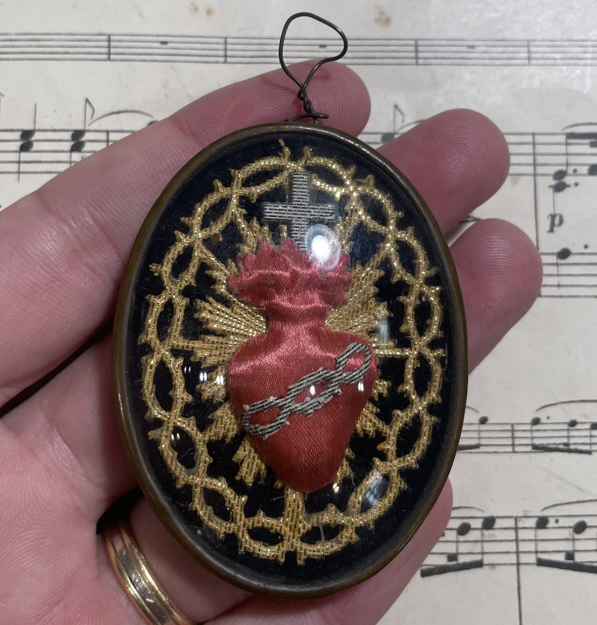 Rare Small Antique French Reliquary / Ex Voto Sacred Heart  Domed Glass c1880