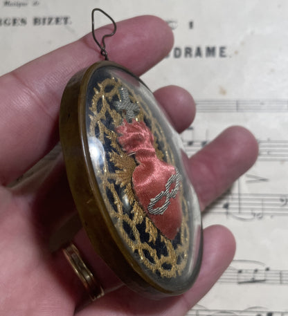 Rare Small Antique French Reliquary / Ex Voto Sacred Heart  Domed Glass c1880