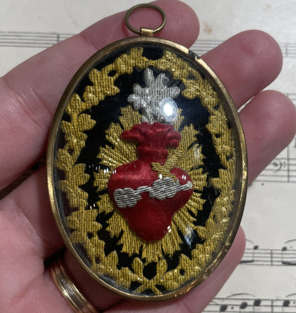 Rare Small Antique French Reliquary / Ex Voto  Sacred Heart Domed Glass c1880