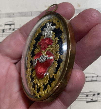Rare Small Antique French Reliquary / Ex Voto  Sacred Heart Domed Glass c1880