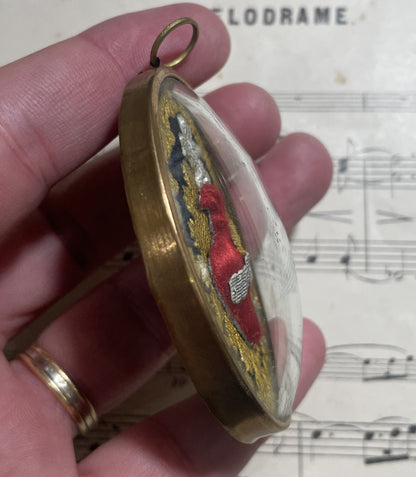 Rare Small Antique French Reliquary / Ex Voto  Sacred Heart Domed Glass c1880