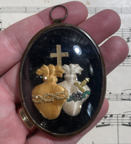 Rare Small Antique French Reliquary /  Ex Voto Sacred Heart Domed Glass c1880