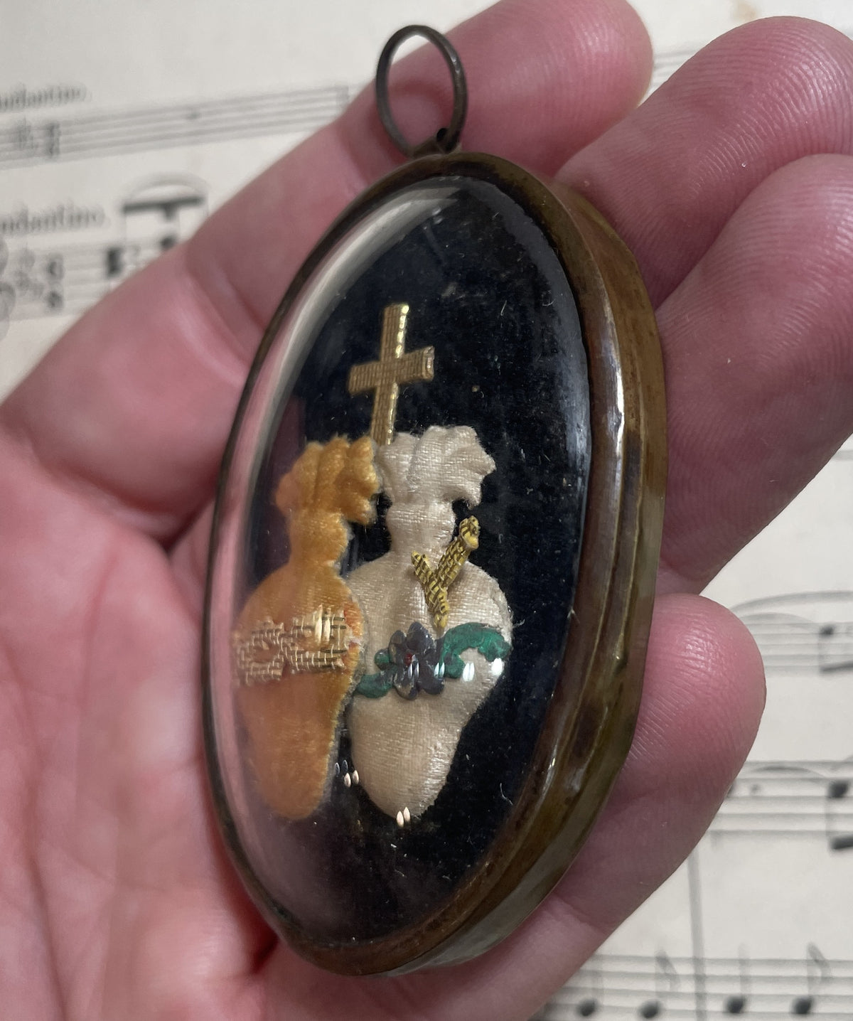 Rare Small Antique French Reliquary /  Ex Voto Sacred Heart Domed Glass c1880