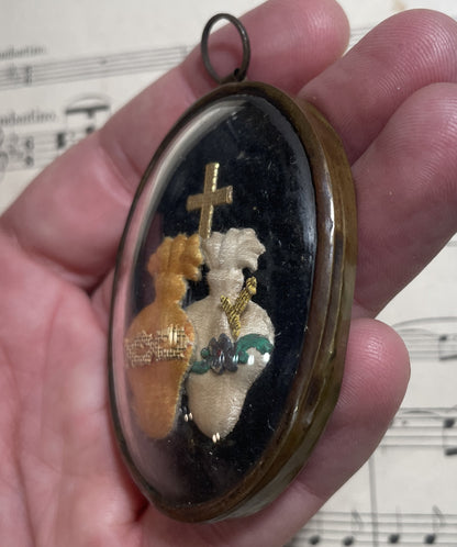 Rare Small Antique French Reliquary /  Ex Voto Sacred Heart Domed Glass c1880