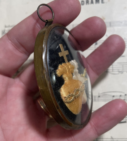 Rare Small Antique French Reliquary /  Ex Voto Sacred Heart Domed Glass c1880