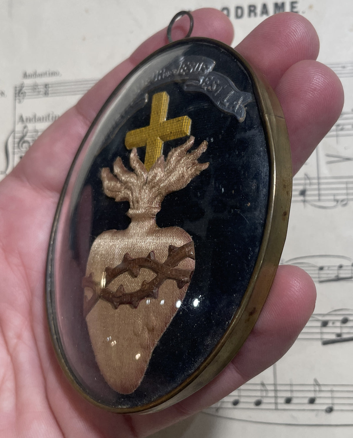 Rare Antique French Reliquary / Ex Voto Sacred Heart Domed Glass c1880