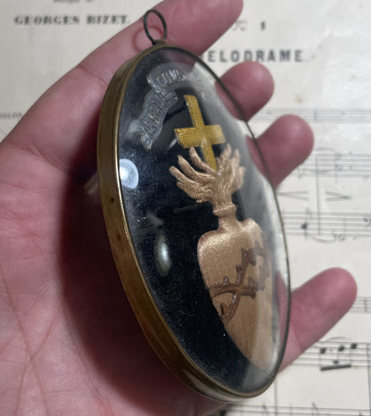 Rare Antique French Reliquary / Ex Voto Sacred Heart Domed Glass c1880