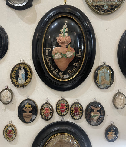 Rare Small Antique French Reliquary / Ex Voto Sacred Heart Domed Glass  c1880