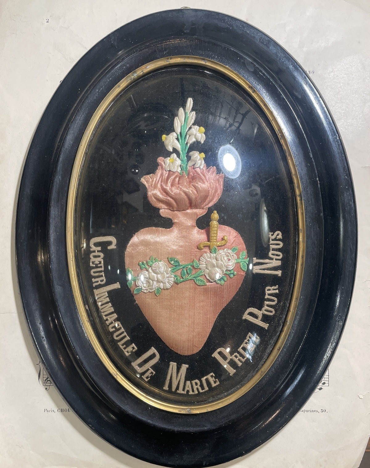 Rare Large Antique French Reliquary / Ex Voto Sacred Heart of Mary Domed Glass c1880