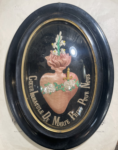 Rare Large Antique French Reliquary / Ex Voto Sacred Heart of Mary Domed Glass c1880