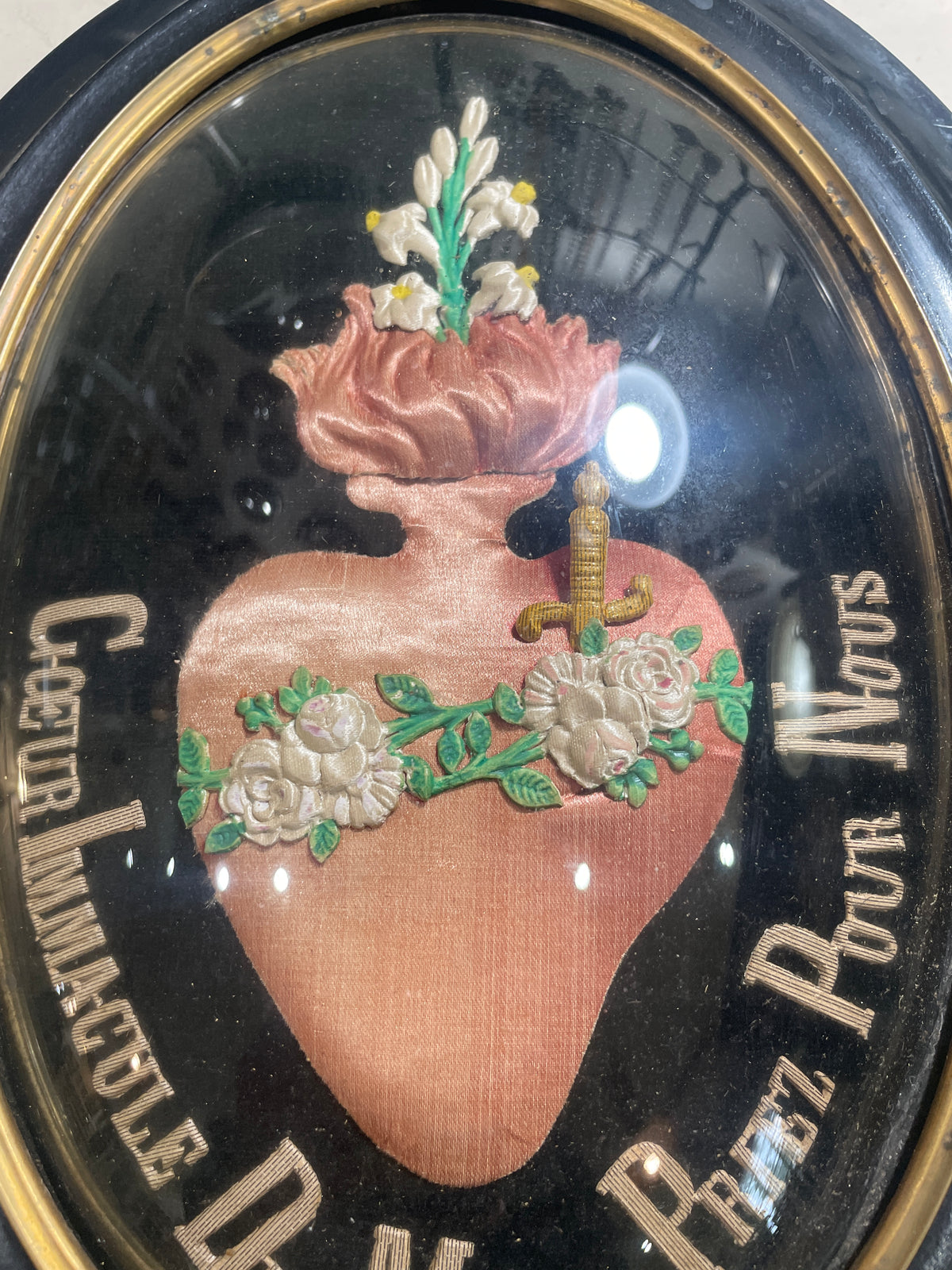 Rare Large Antique French Reliquary / Ex Voto Sacred Heart of Mary Domed Glass c1880