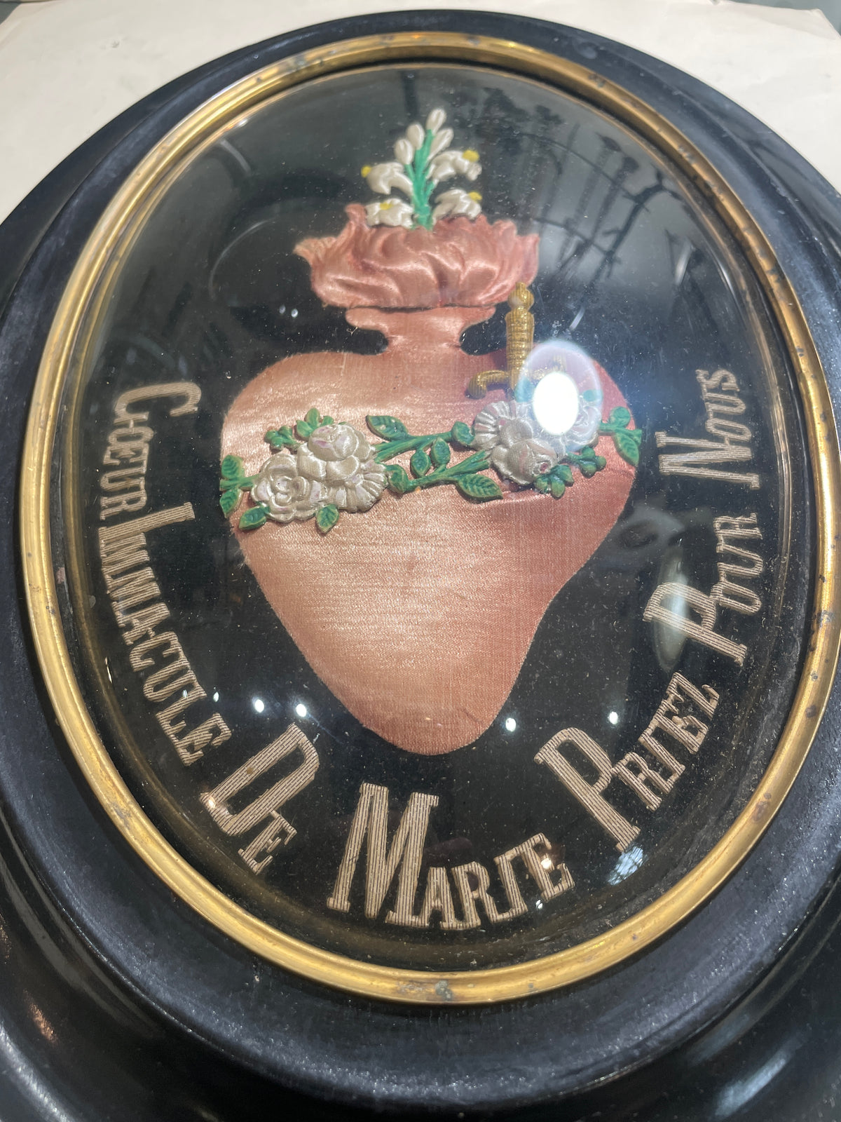 Rare Large Antique French Reliquary / Ex Voto Sacred Heart of Mary Domed Glass c1880