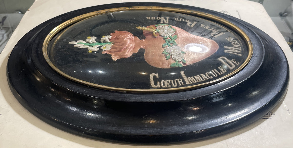 Rare Large Antique French Reliquary / Ex Voto Sacred Heart of Mary Domed Glass c1880