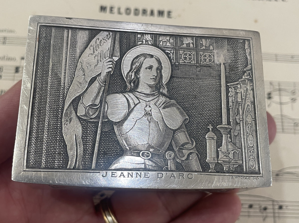 Rare Antique French Joan of Arc Bronze Jewelry Box Cushion Signed Wicker c1920