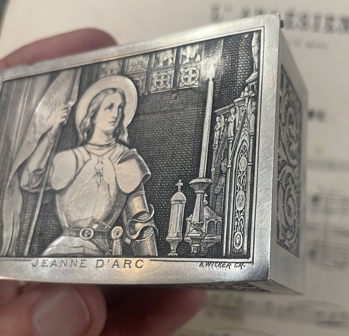 Rare Antique French Joan of Arc Bronze Jewelry Box Cushion Signed Wicker c1920