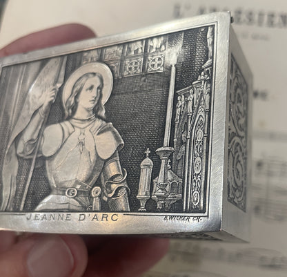 Rare Antique French Joan of Arc Bronze Jewelry Box Cushion Signed Wicker c1920
