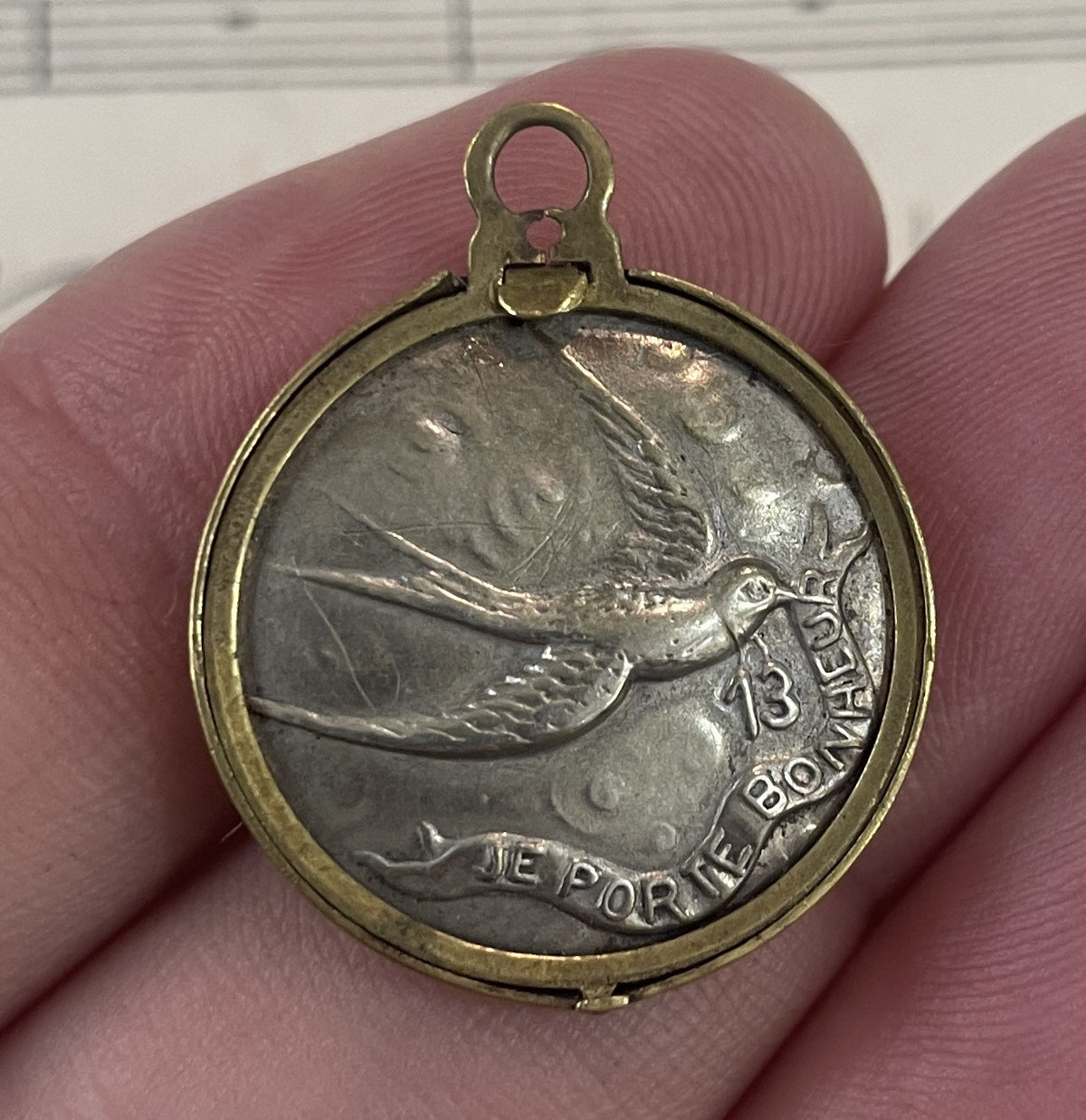 Rare Antique French Photo Holder Pendant Lucky Charm Bird Swallow 13 c1920