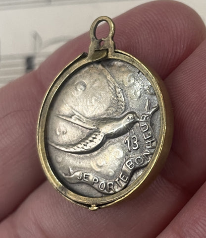 Rare Antique French Photo Holder Pendant Lucky Charm Bird Swallow 13 c1920