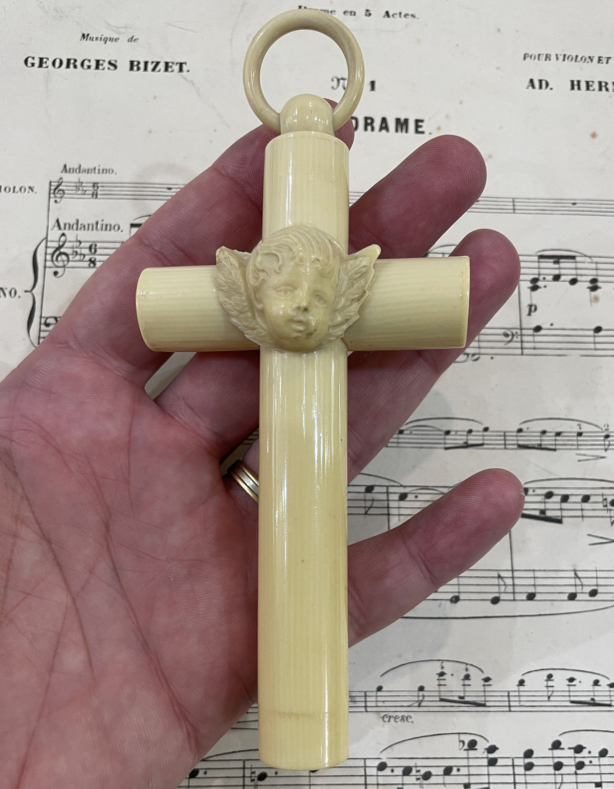 French Antique Crib Cradle Protector Angel Celluloid Baptism Cross c1900