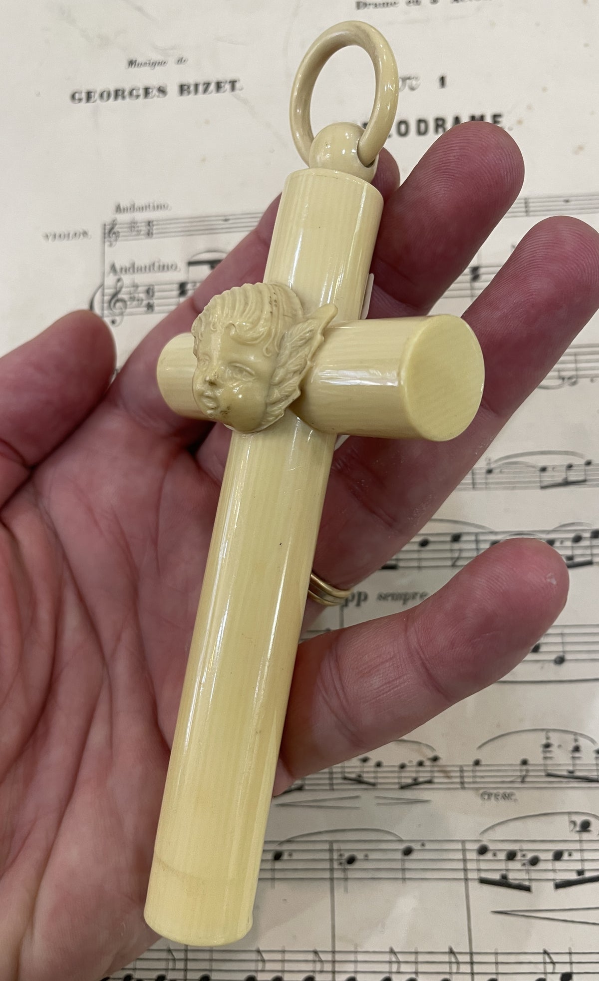 French Antique Crib Cradle Protector Angel Celluloid Baptism Cross c1900