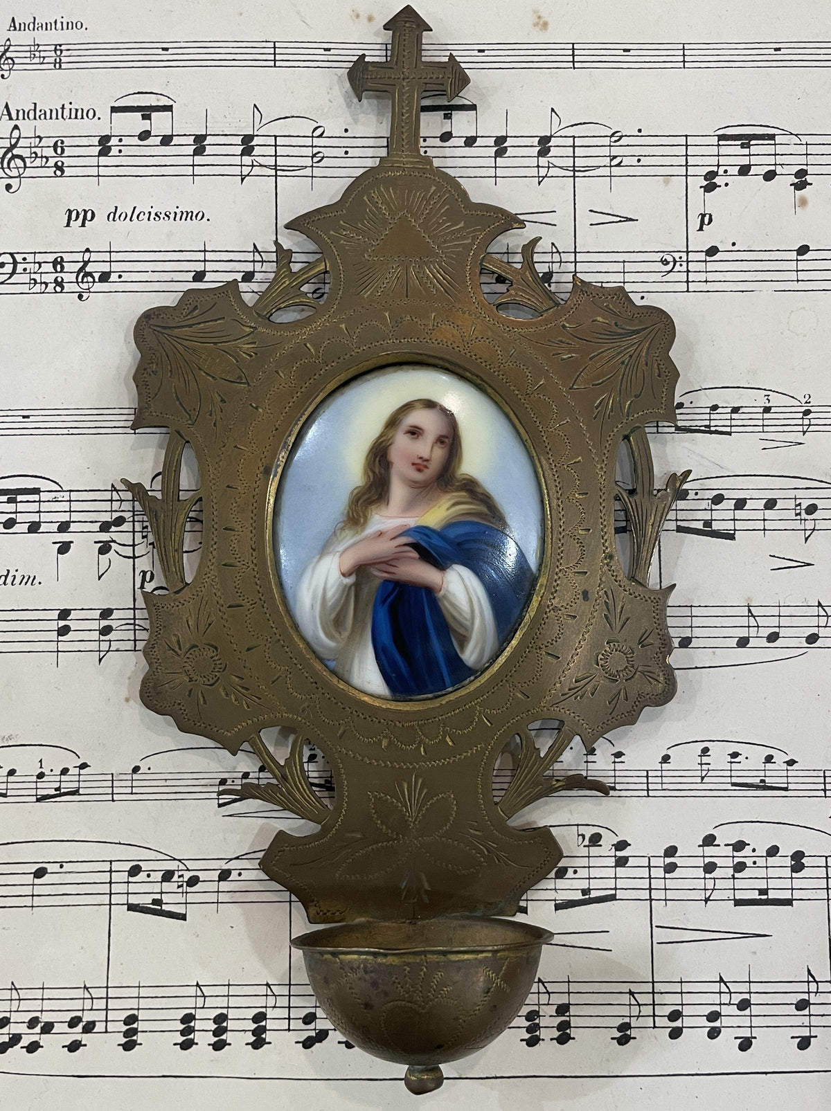 Rare Antique French Mary Magdalene Hand Painted Porcelain Holy Water Font c1880