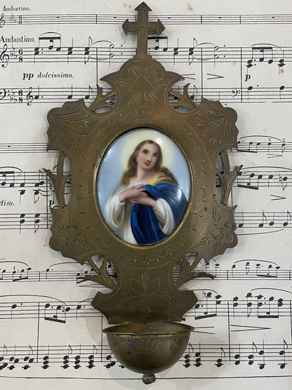 Rare Antique French Mary Magdalene Hand Painted Porcelain Holy Water Font c1880