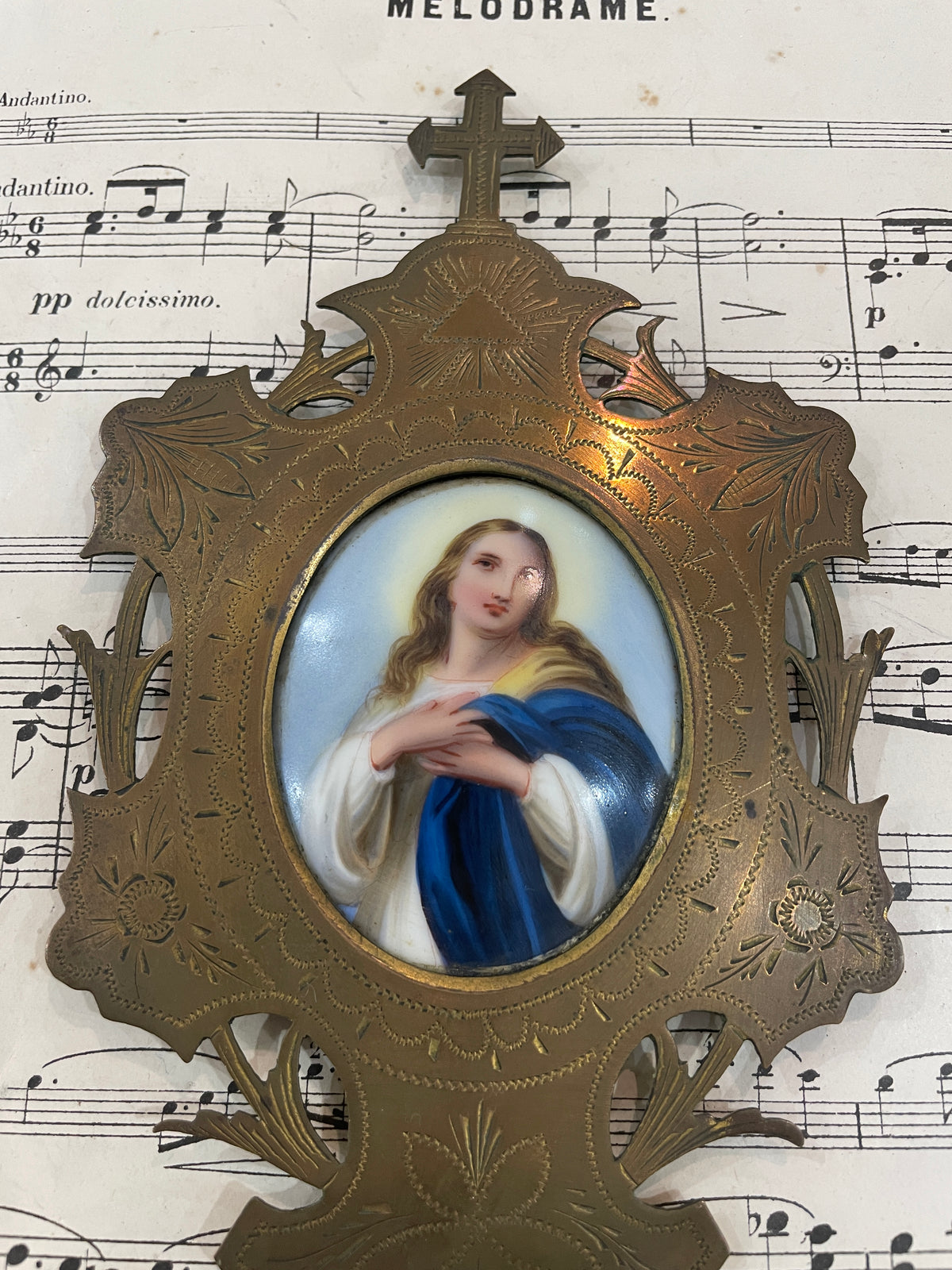 Rare Antique French Mary Magdalene Hand Painted Porcelain Holy Water Font c1880