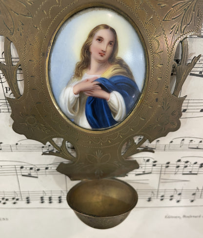 Rare Antique French Mary Magdalene Hand Painted Porcelain Holy Water Font c1880