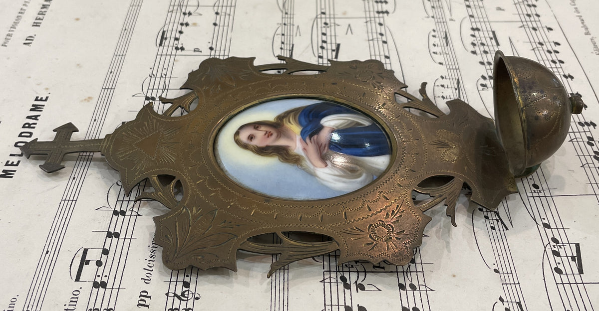 Rare Antique French Mary Magdalene Hand Painted Porcelain Holy Water Font c1880