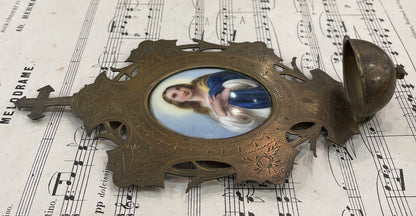 Rare Antique French Mary Magdalene Hand Painted Porcelain Holy Water Font c1880