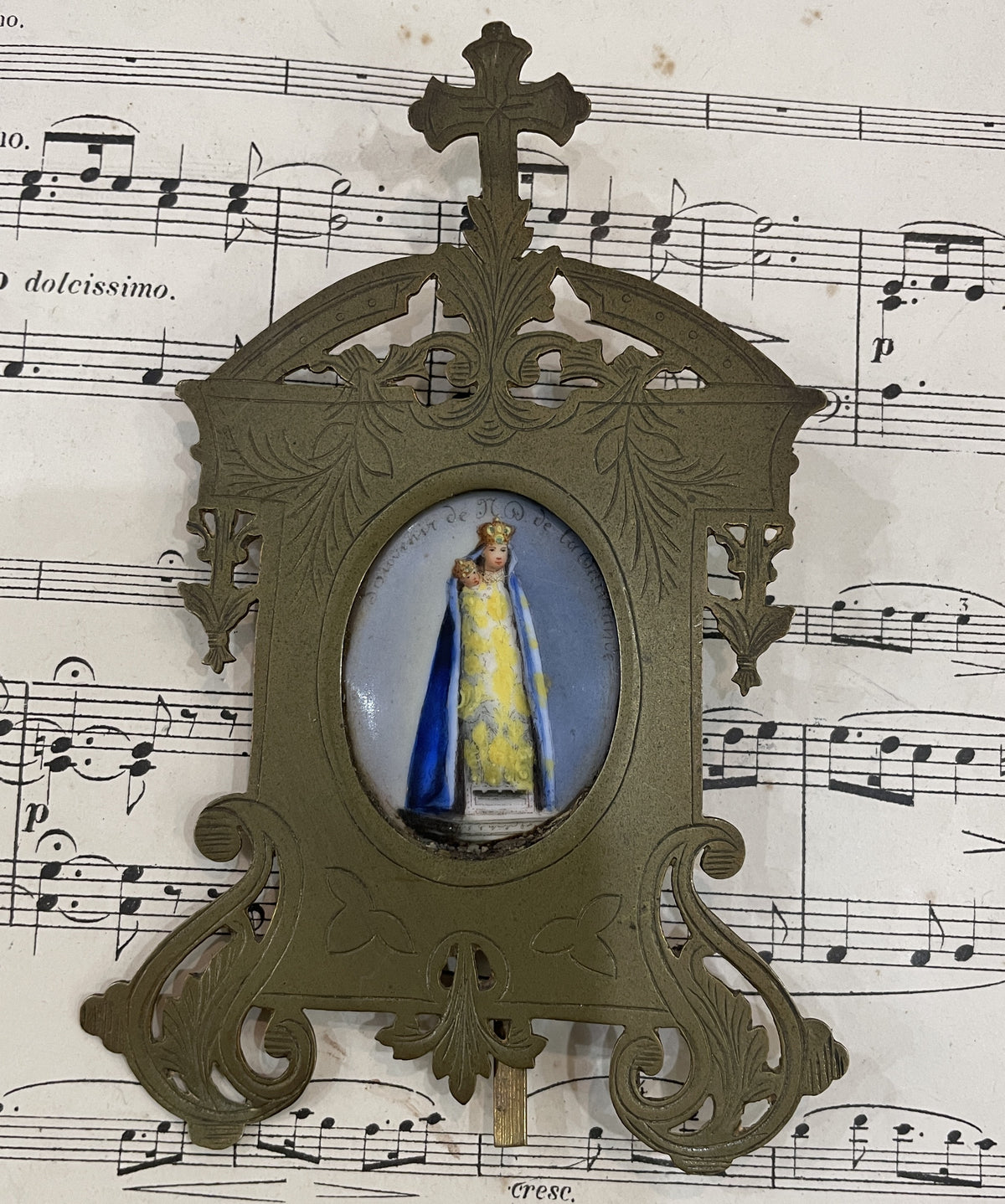 Antique French Hand Painted Porcelain Our Lady of Deliverance Stand c1900