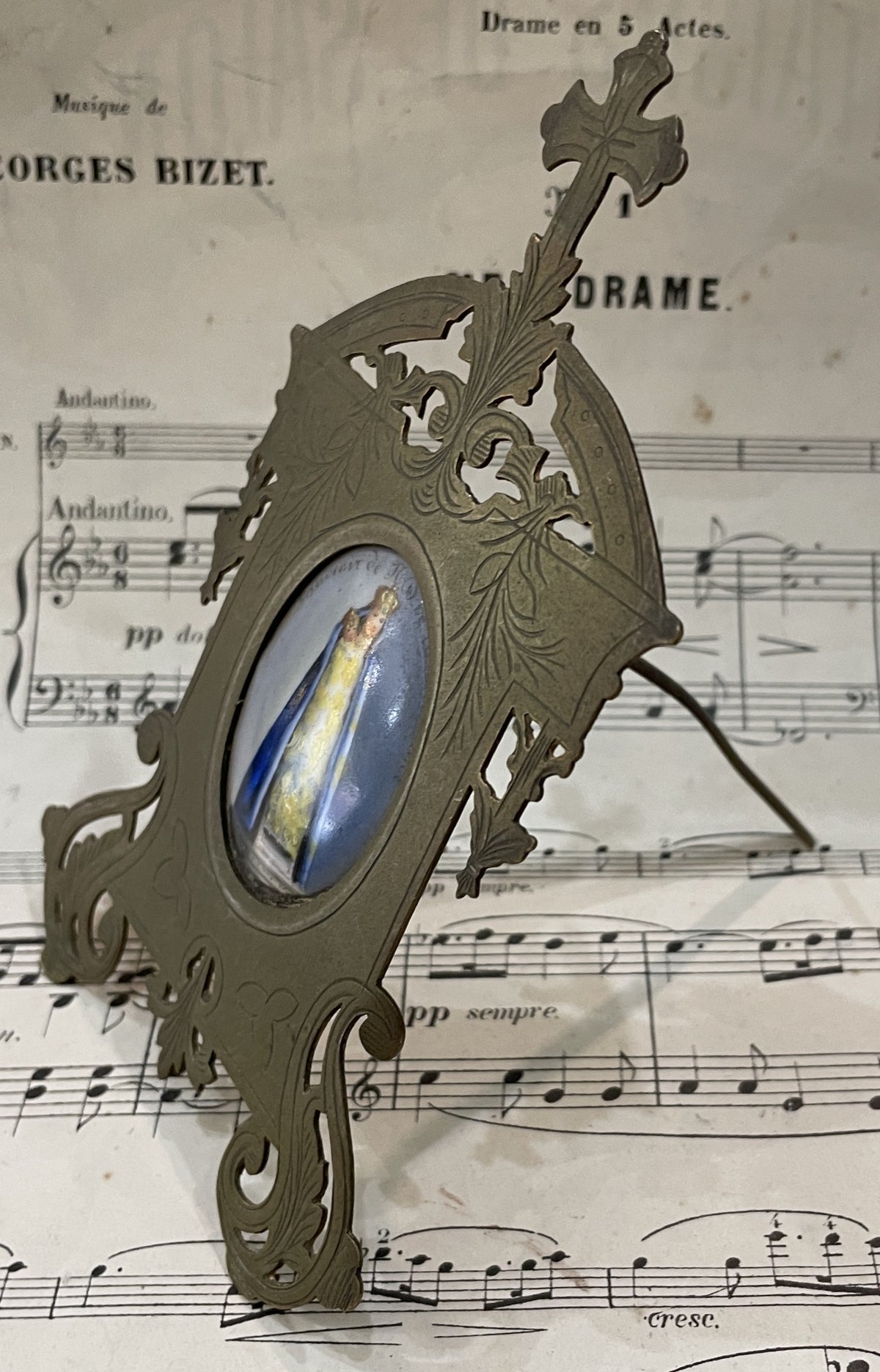 Antique French Hand Painted Porcelain Our Lady of Deliverance Stand c1900